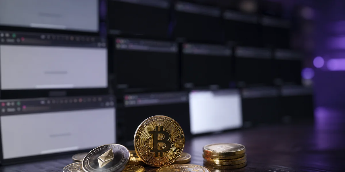 Schermo di un browser con un avviso di sito bloccato davanti alla sagoma della penisola italiana e a simboli di criptovalute