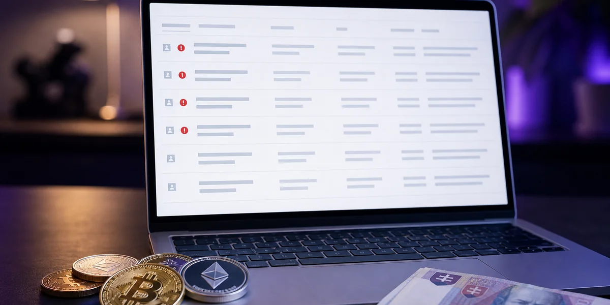 Štyri obrazovky s webmi krypto zmenární a nad nimi pečiatka slovenského dohľadu s prečiarknutým znakom povolenia