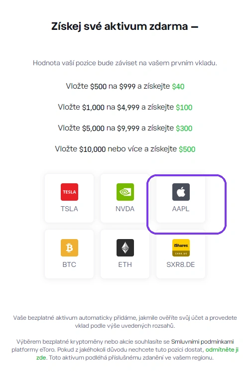 Picker odměny eToro — dlaždice s TSLA, NVDA, AAPL, BTC, ETH a ETF SXR8.DE; rámeček okolo AAPL