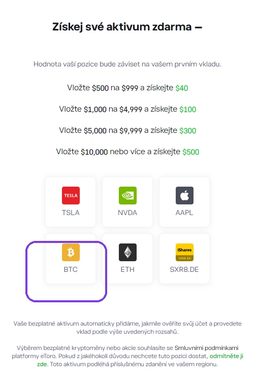 Picker odměny eToro — dlaždice s TSLA, NVDA, AAPL, BTC, ETH a ETF SXR8.DE; rámeček okolo BTC