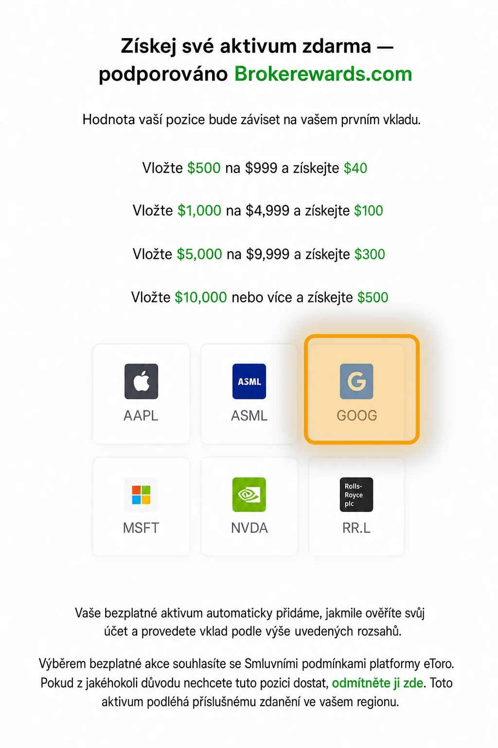 Výběr odměny u eToro — dlaždice s AAPL, ASML, GOOG, MSFT, NVDA a RR.L, rámeček okolo GOOG