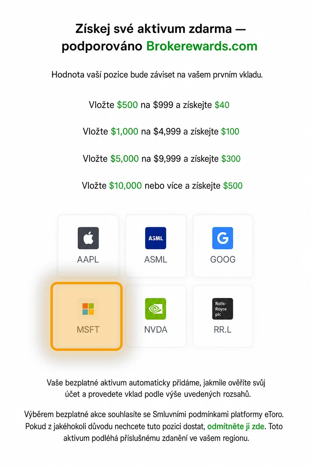 Microsoft (MSFT) akcie zdarma — výběr aktiva v eToro Výběr odměny u eToro — dlaždice s AAPL, ASML, GOOG, MSFT, NVDA a RR.L, rámeček okolo MSFT