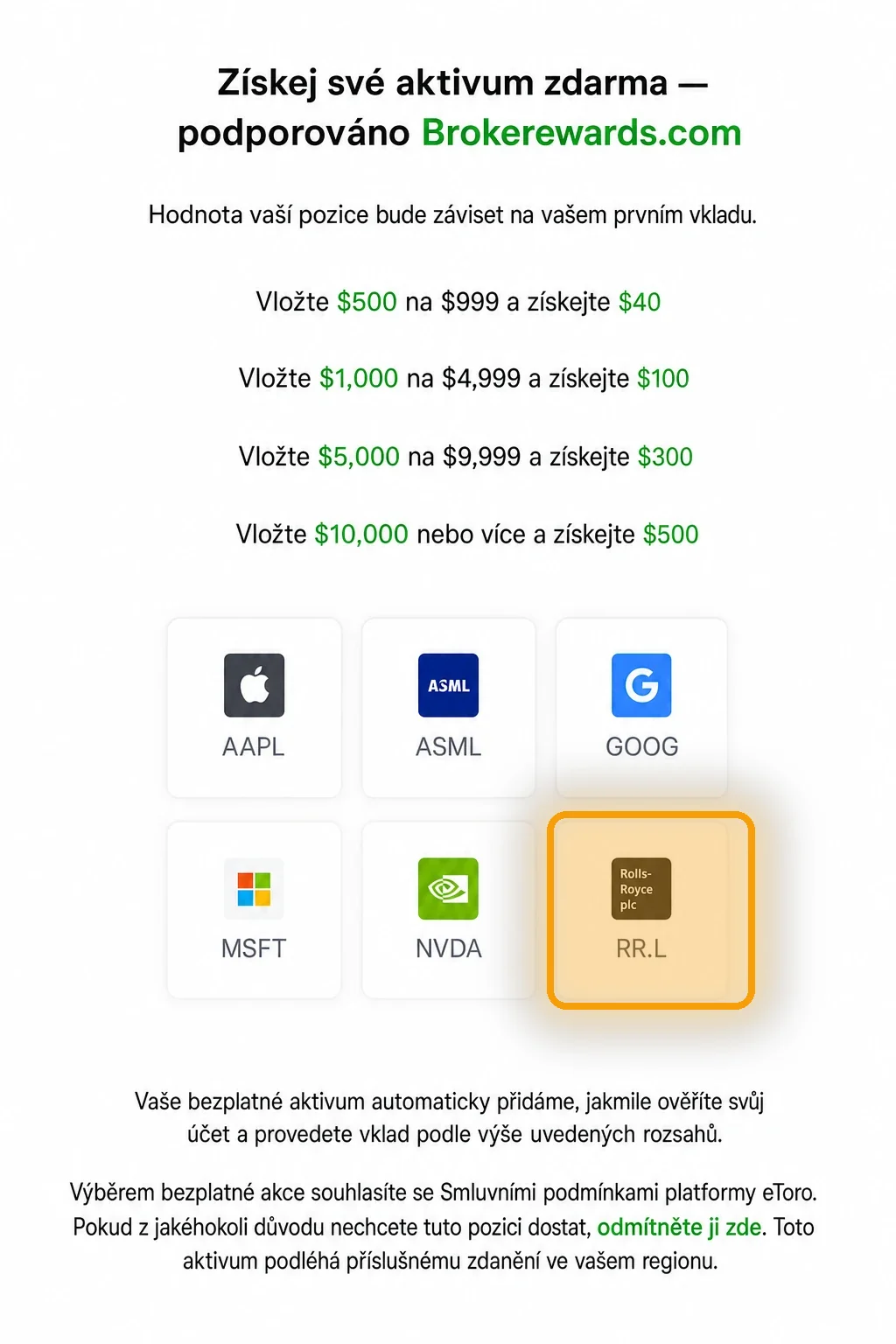 Výběr odměny u eToro — dlaždice s AAPL, ASML, GOOG, MSFT, NVDA a RR.L, rámeček okolo RR.L