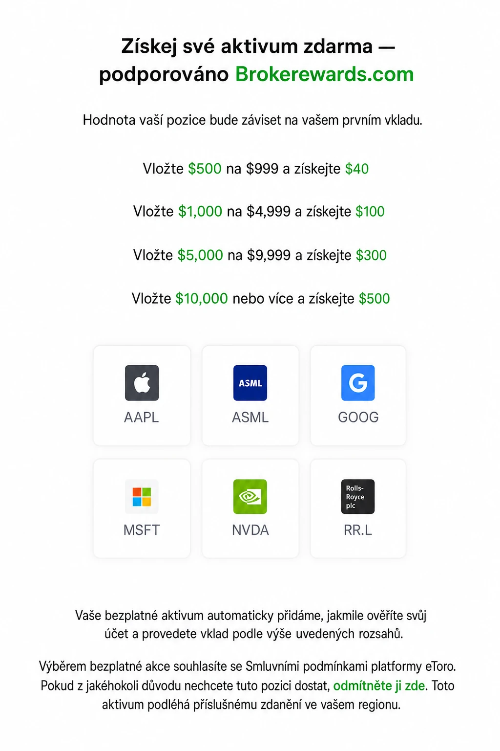 Výběr odměny u eToro — dlaždice s AAPL, ASML, GOOG, MSFT, NVDA a RR.L