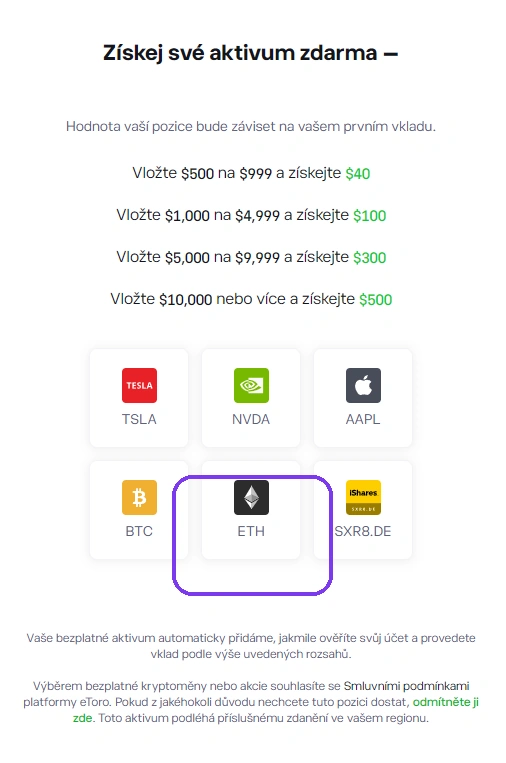 Picker odměny eToro — dlaždice s TSLA, NVDA, AAPL, BTC, ETH a ETF SXR8.DE; rámeček okolo ETH