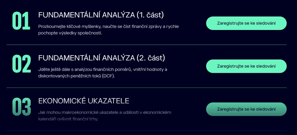 Náhled prvních tří modulů pokročilého kurzu investování — fundamentální analýza a ekonomické ukazatele v eToro Academy v češtině.