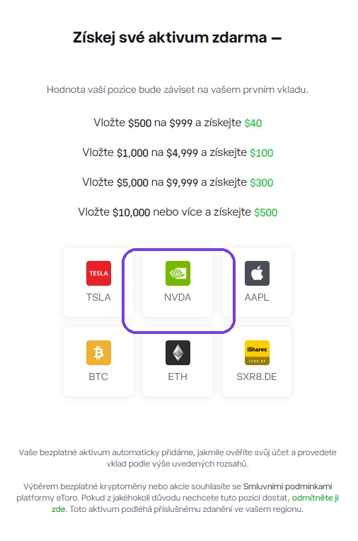 Výběr odměny eToro — dlaždice s TSLA, NVDA, AAPL, BTC, ETH a ETF SXR8.DE; rámeček okolo NVDA