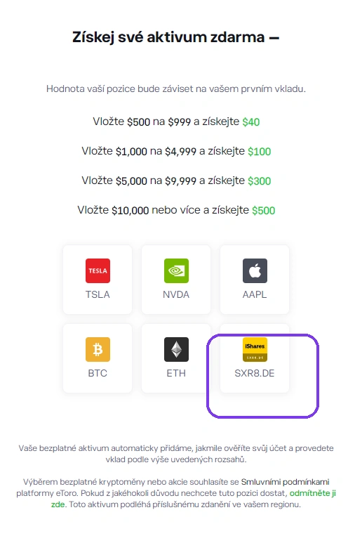 Picker odměny eToro — dlaždice s TSLA, NVDA, AAPL, BTC, ETH a ETF SXR8.DE; rámeček okolo SXR8.DE