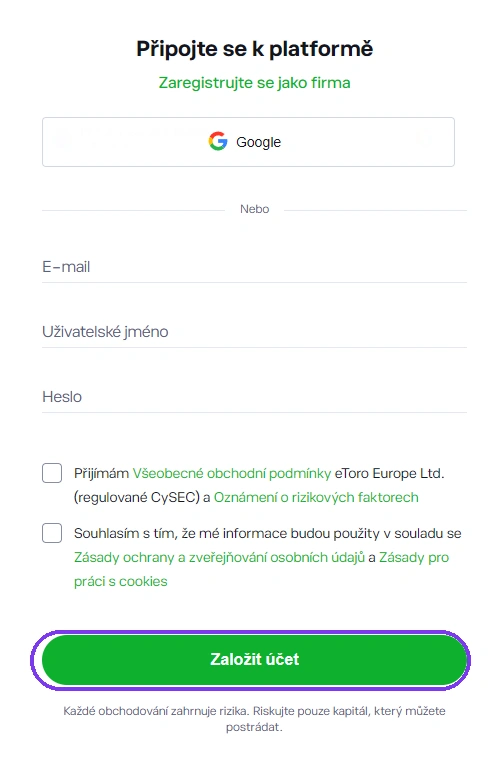 Registrační formulář eToro — pole e-mail, uživatelské jméno a heslo, dva souhlasy a tlačítko Založit účet