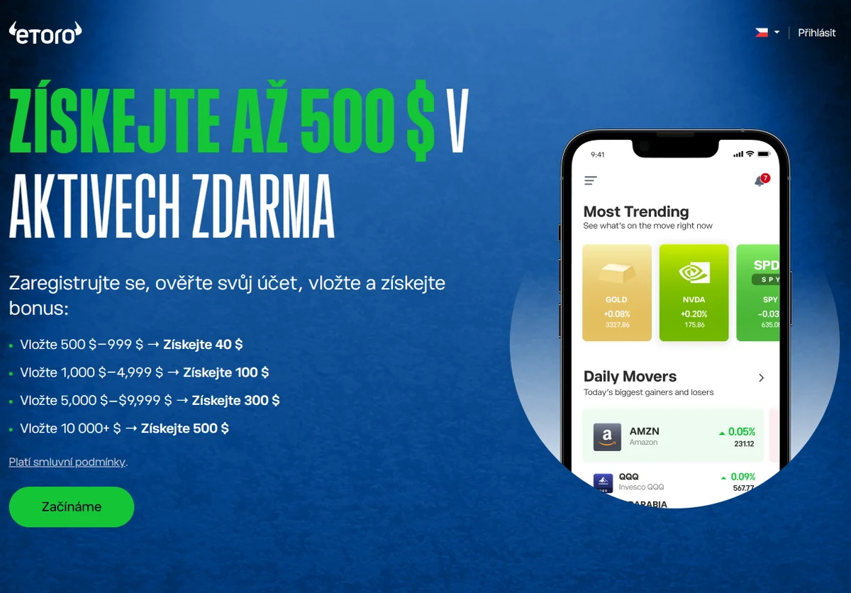 Promo banner eToro — Získejte až 500 USD v aktivech zdarma za první vklad, 4 vkladová pásma 40/100/300/500 USD