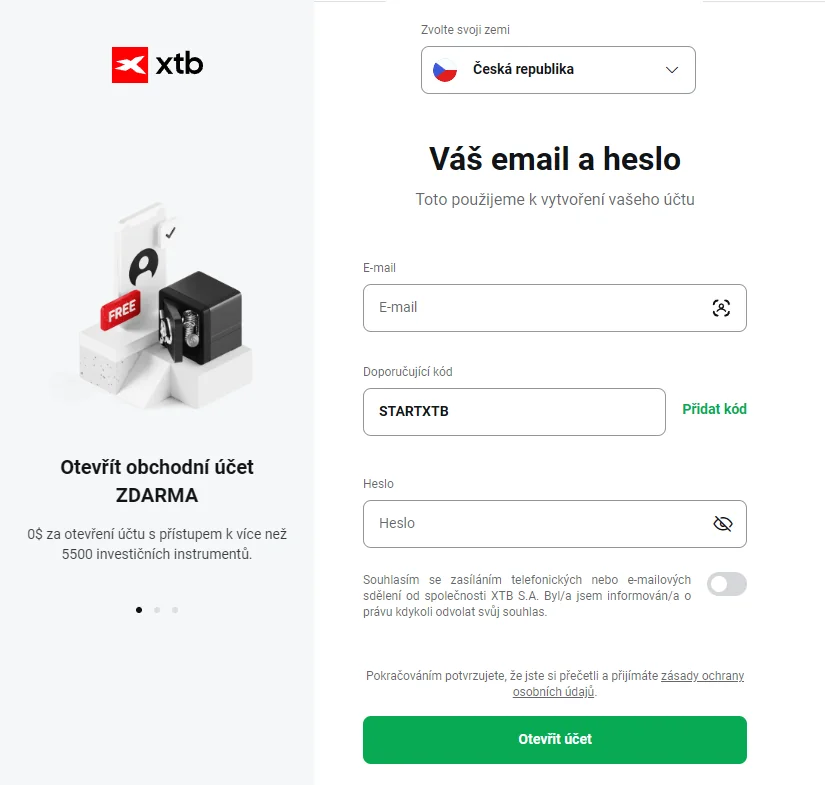 Registrační obrazovka XTB v prohlížeči s polem pro referenční kód STARTXTB