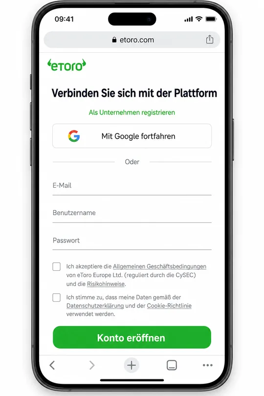 eToro Registrierungs­formular auf der Partner-Landingpage für deutsche Kunden — E-Mail-Feld, Broker-Logo, Regulierungs-Footer