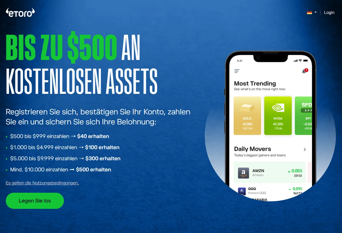 eToro Staffelbonus — bis zu 500 USD an kostenlosen Assets für die erste Einzahlung