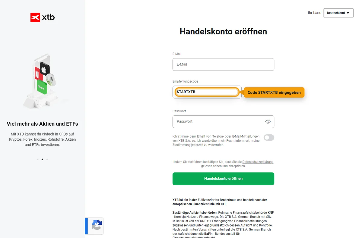 XTB-Registrierung mit eingegebenem Promo-Code STARTXTB im Eingabefeld
