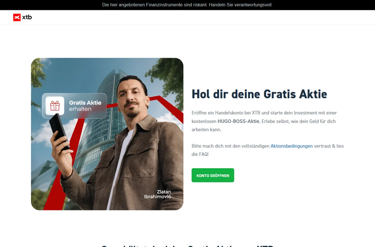 XTB Gratis-Aktie Aktionsseite auf aktien.xtb.com — kostenlose Hugo Boss AG Aktie für neue Kunden in Deutschland, April 2026