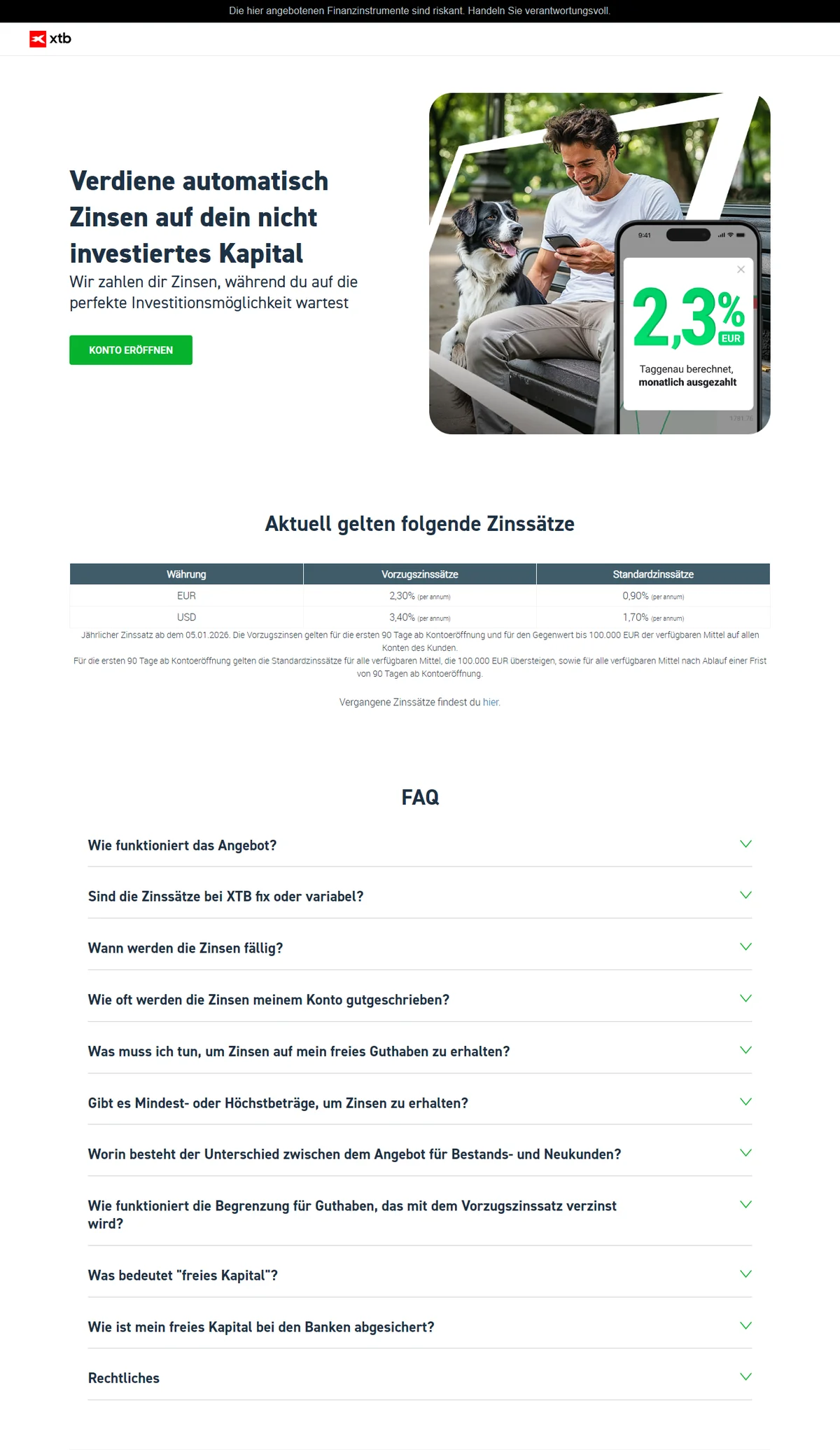 XTB Guthabenzinsen Tabelle mit EUR- und USD-Vorzugssätzen — Screenshot direkt von der XTB-Partnerlandingpage