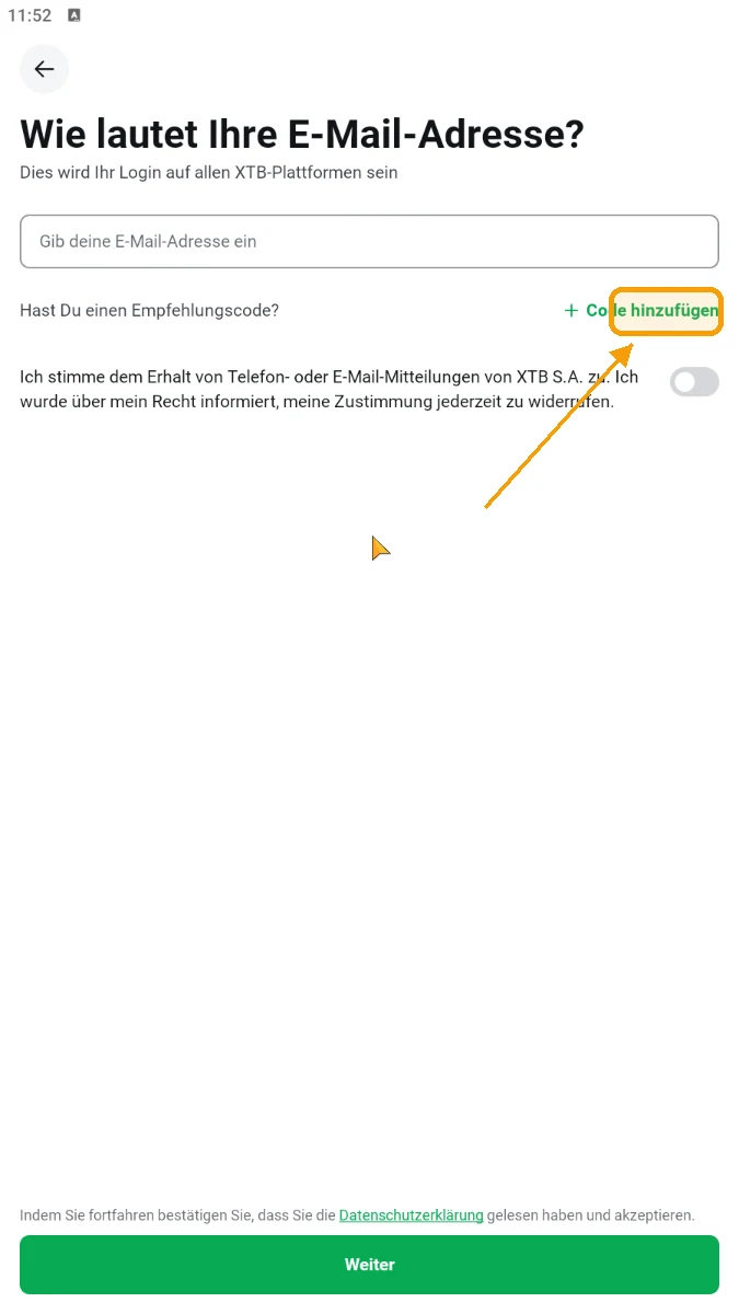XTB Mobile-App-Registrierung — der Link „Code hinzufügen