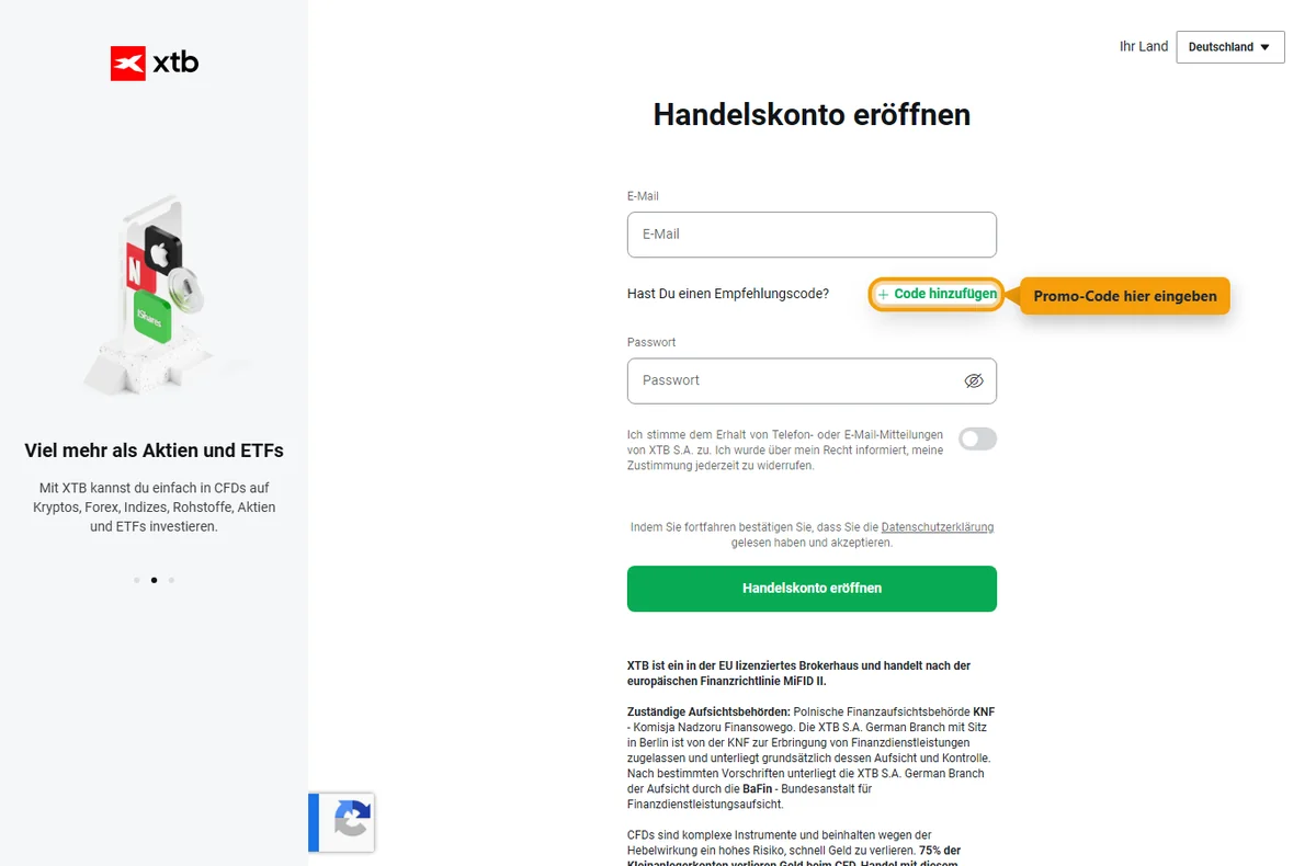 XTB-Registrierungsformular für deutsche Kunden mit markiertem Feld „Code hinzufügen“