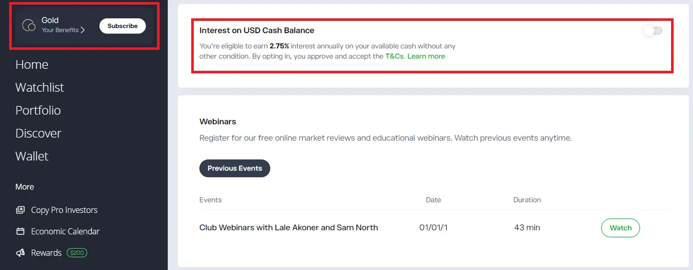 eToro Club Dashboard — Interest on USD Cash Balance panel with off/on toggle; this account is eligible for 2.75% AER annually with no other condition