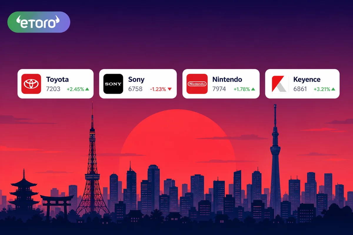 eToro app showing Toyota, Sony, Nintendo and Keyence — how to buy Japanese stocks from the UK and Europe in 2026.