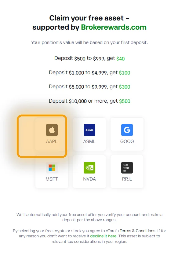 eToro UK asset picker with AAPL tile highlighted — pick Apple as your free share