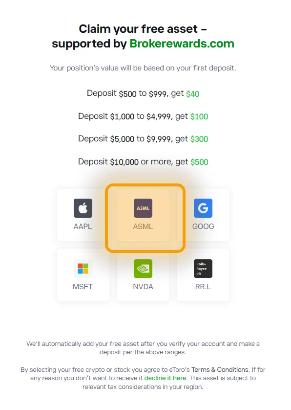 eToro UK asset picker with ASML tile highlighted — pick ASML as your free share