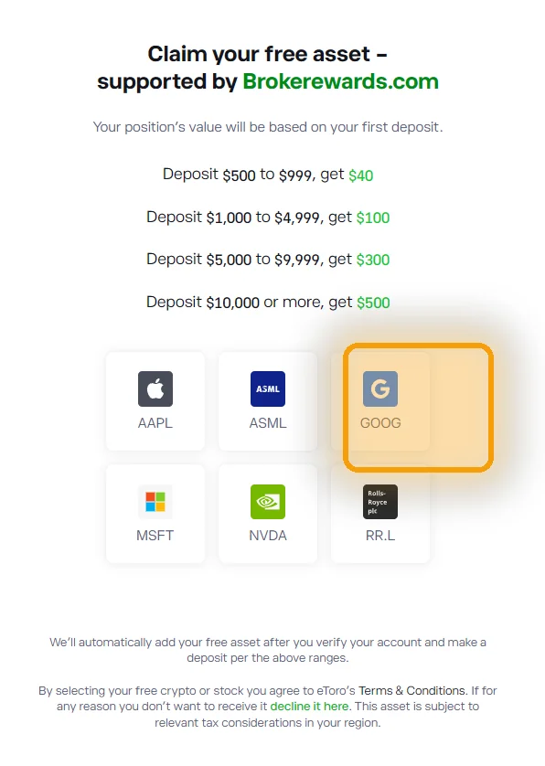 eToro UK asset picker with GOOG tile highlighted — pick Alphabet as your free share