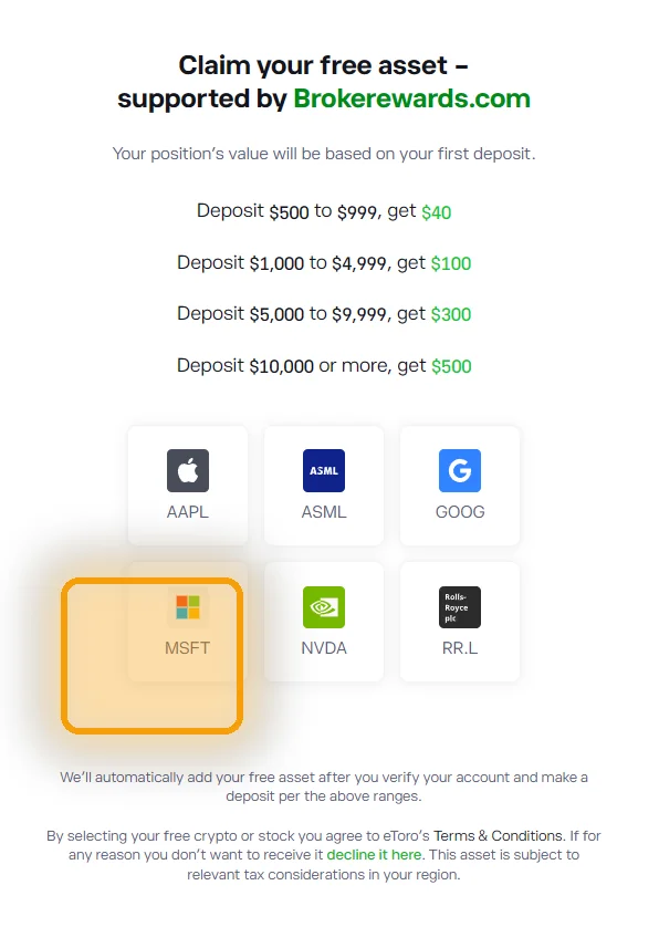 eToro UK asset picker with MSFT tile highlighted — pick Microsoft as your free share
