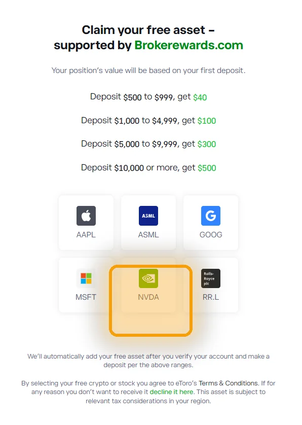 eToro UK asset picker with NVDA tile highlighted — pick Nvidia as your free share