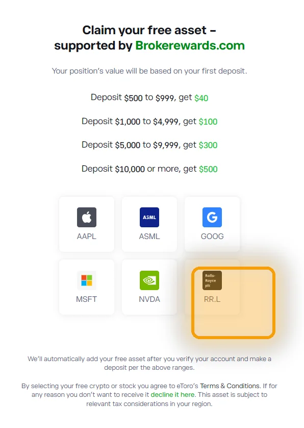 eToro UK asset picker with RR.L tile highlighted — pick Rolls-Royce as your free share