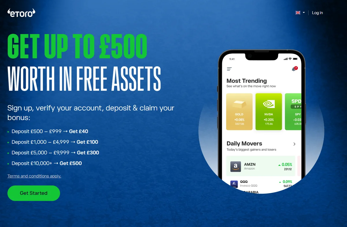 eToro UK free share landing page — claim a free Alphabet (GOOG) share with your first deposit, up to £500