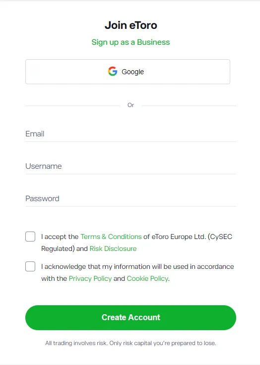 eToro UK signup form on the partner landing — email field, broker logo, FCA registration footer