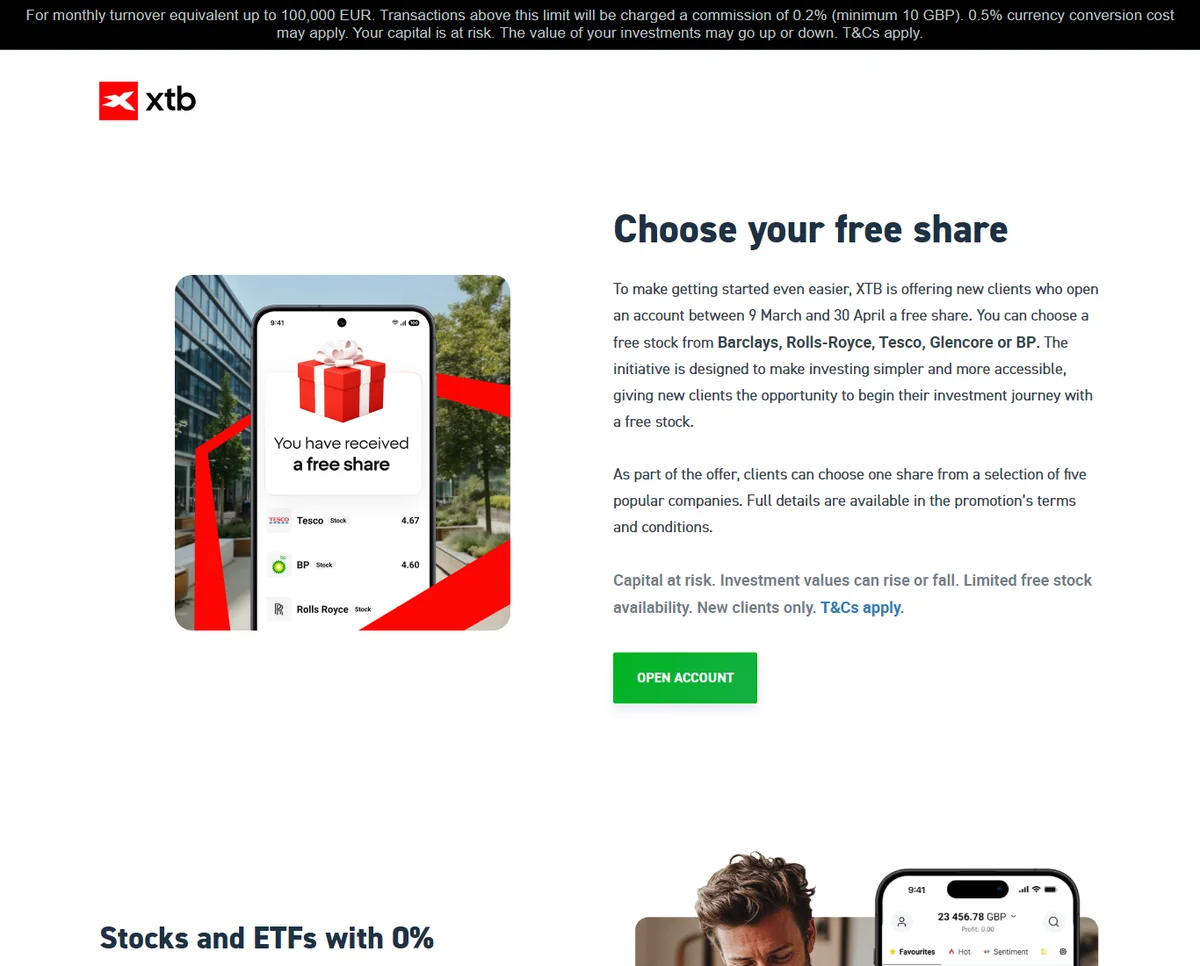 XTB UK free-share promo landing — 'Choose your free share' section offering one of Barclays, Rolls-Royce, Tesco, Glencore or BP for new clients signing up 9 March – 30 April 2026
