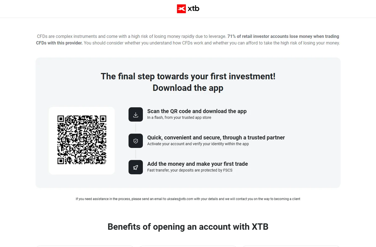 XTB UK signup page — QR code to download the XTB mobile app, step-by-step onboarding for new clients