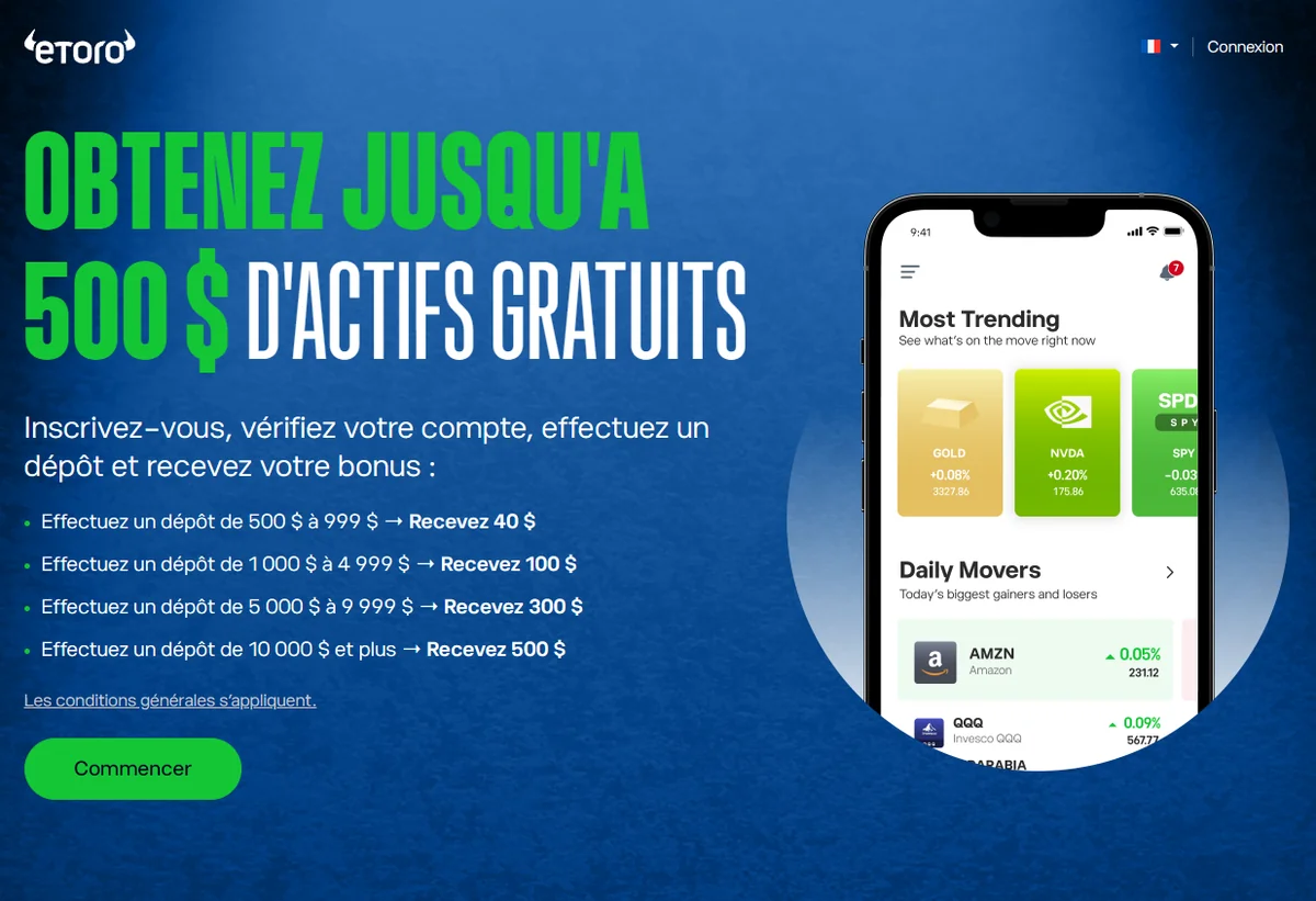 Bonus progressif eToro — jusqu'à 500 USD en actifs gratuits pour le premier dépôt
