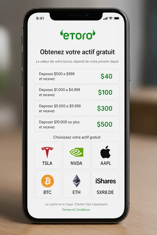 Sélection d'actif gratuit eToro pour les clients français — six tuiles (Tesla, Nvidia, Apple, Bitcoin, Ethereum, S&P 500 ETF) après saisie de l'e-mail à l'inscription