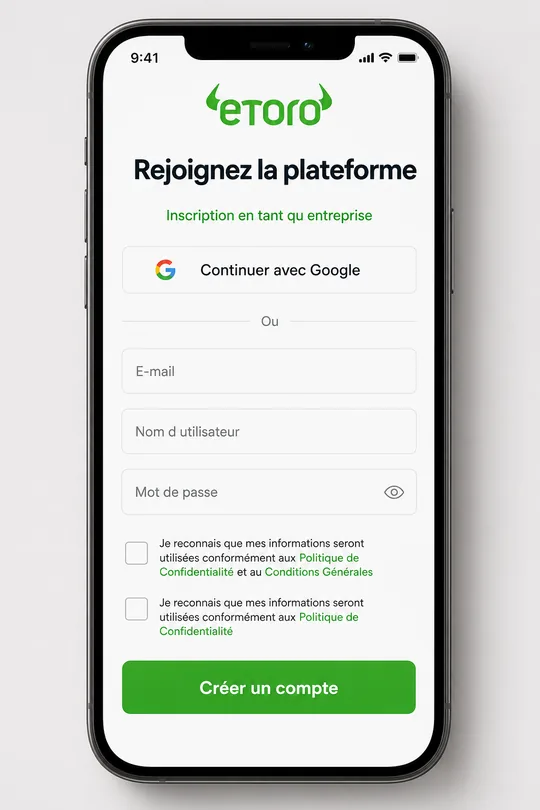 Formulaire d'inscription eToro sur la landing page partenaire pour les clients français — champ e-mail, logo broker, mentions réglementaires