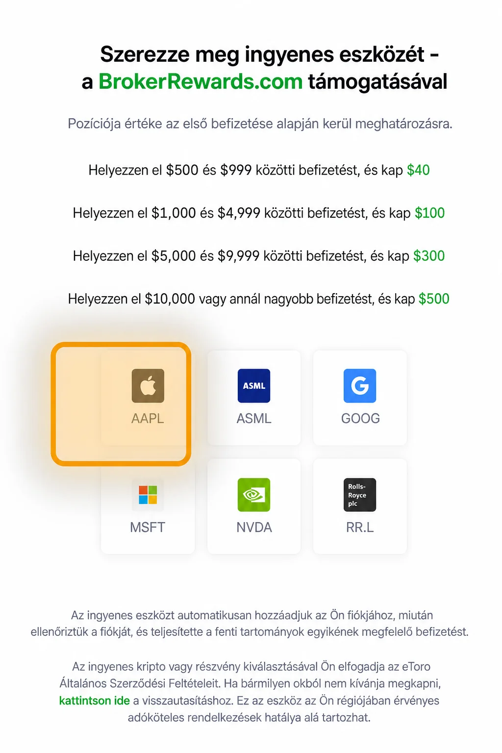 Ingyen Apple (AAPL) részvény — eToro asset picker eToro asset picker kiemelt AAPL csempével