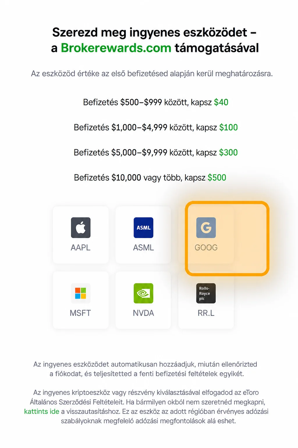 eToro asset picker kiemelt GOOG csempével — válassza az Alphabet-et mint ingyen részvényét