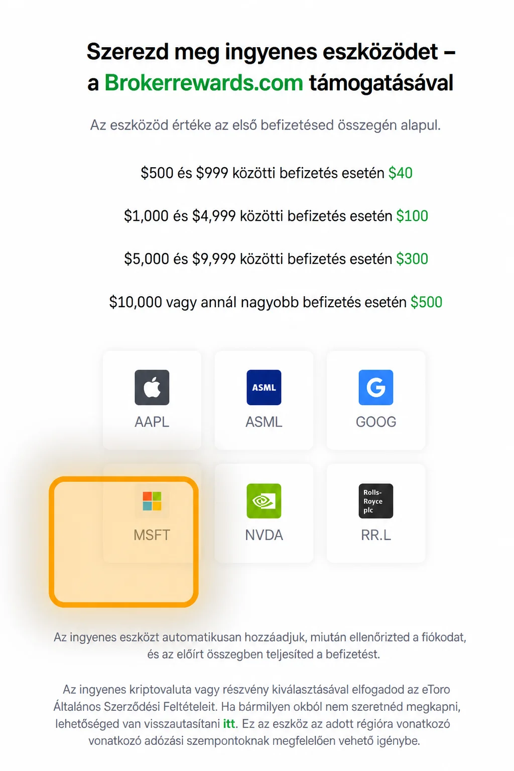eToro asset picker kiemelt MSFT csempével