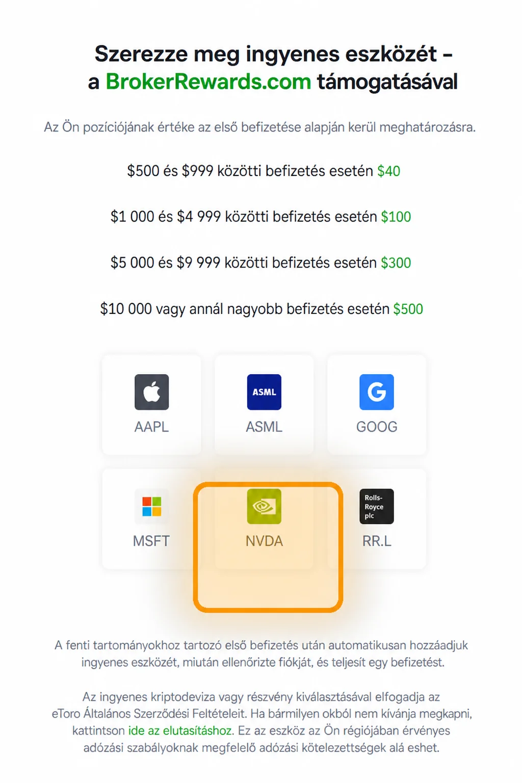 eToro asset picker kiemelt NVDA csempével — válassza az Nvidia-t mint ingyen részvényét