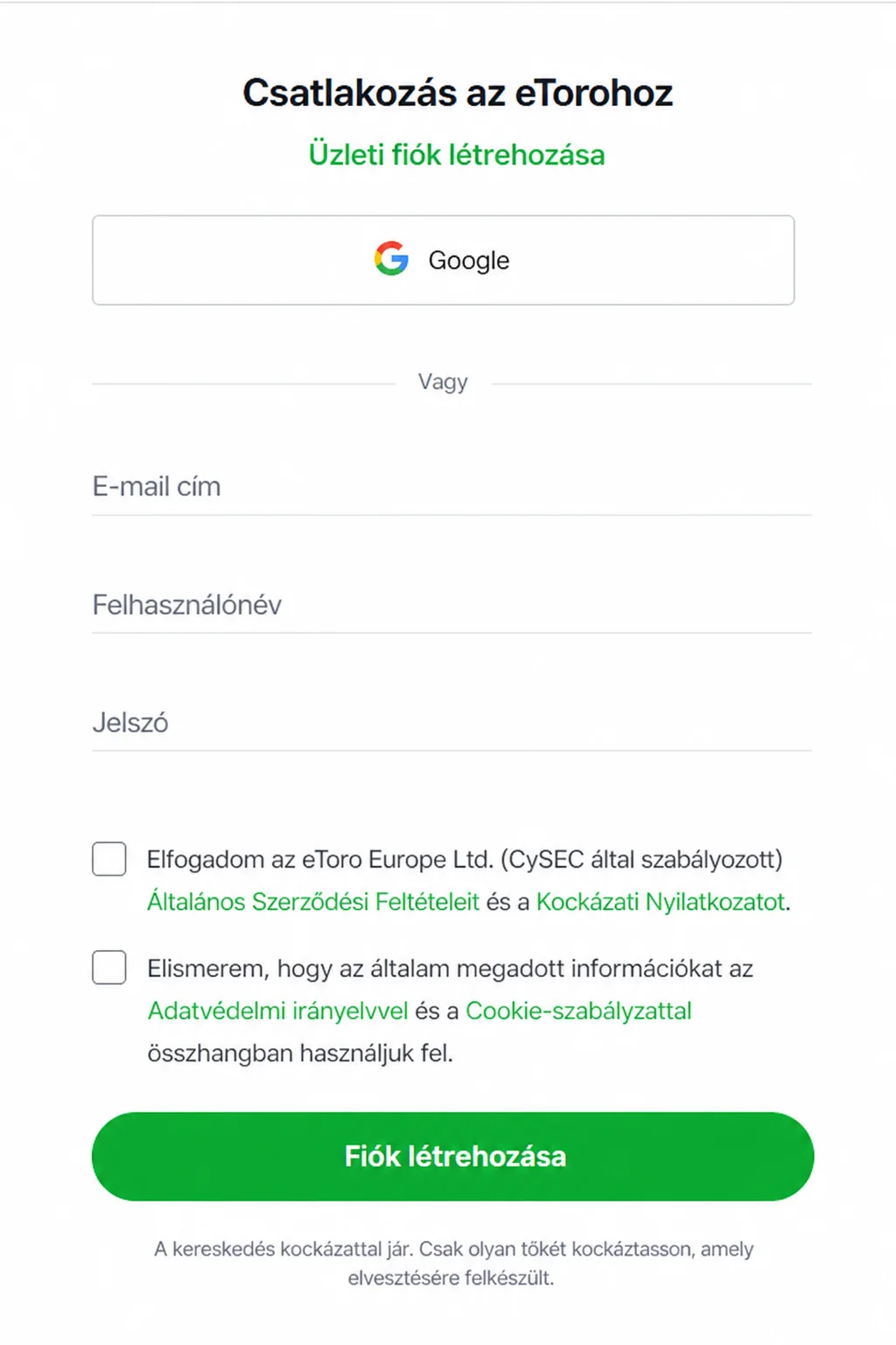 eToro Csatlakozz regisztrációs űrlap