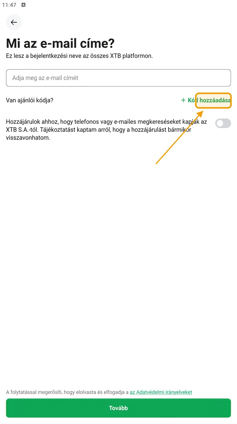 XTB mobilalkalmazás regisztráció — a „Kód hozzáadása