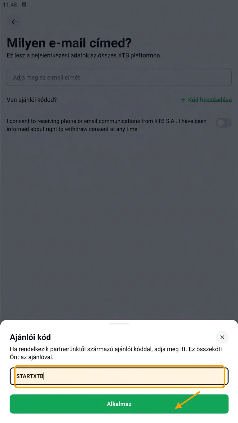 Ajánlókód felugró ablak az XTB mobilalkalmazásban, STARTXTB-vel kitöltve, készen az alkalmazásra