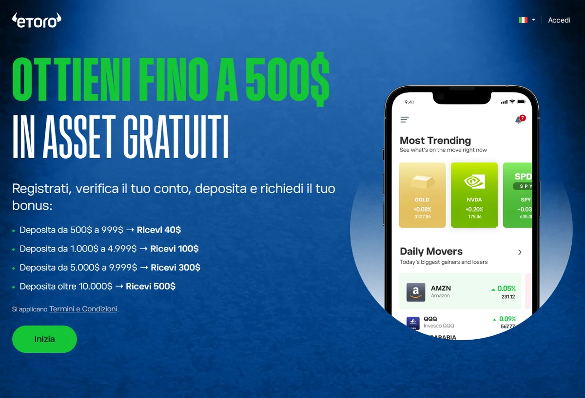 Bonus a più livelli eToro — fino a 500 USD in asset gratis per il primo deposito
