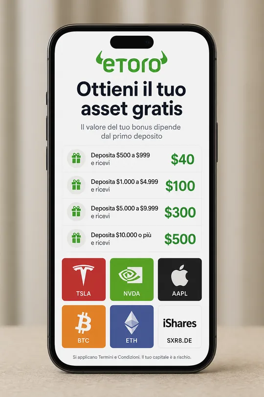Selezione asset gratis di eToro per clienti italiani — sei riquadri (Tesla, Nvidia, Apple, Bitcoin, Ethereum, S&P 500 ETF) dopo l'inserimento dell'email durante la registrazione