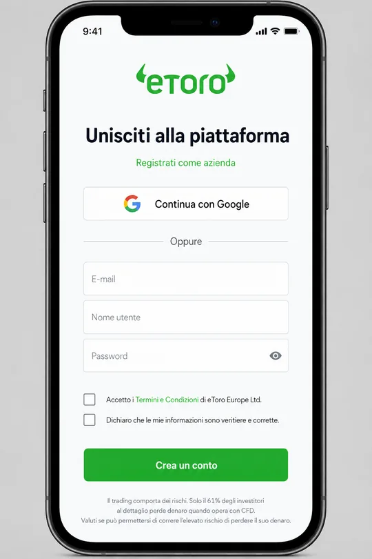 Modulo di registrazione eToro sulla landing page partner per clienti italiani — campo email, logo broker, dati regolamentari