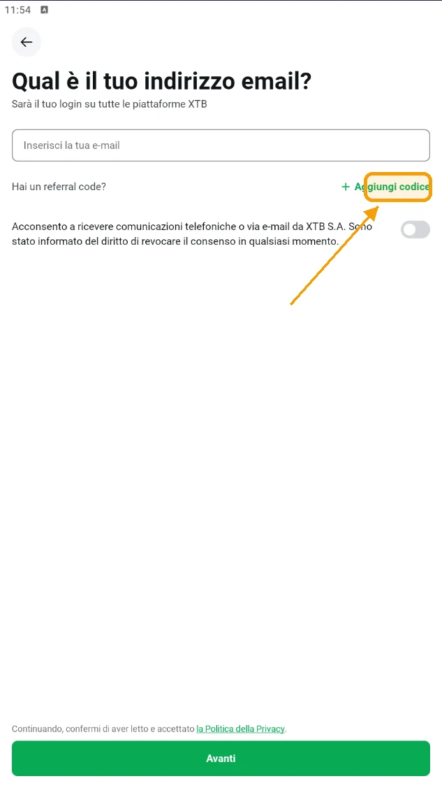 Registrazione nell'app mobile XTB — il link 