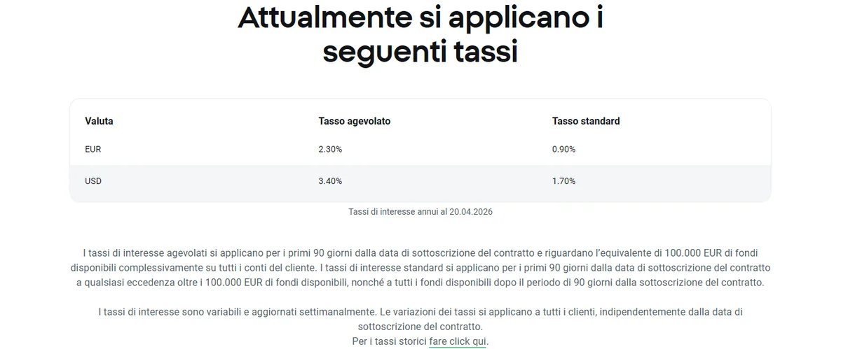 XTB interessi sulla liquidità — tabella dei tassi preferenziali e standard per EUR e USD; screenshot dalla pagina ufficiale xtb.com/it/interessi