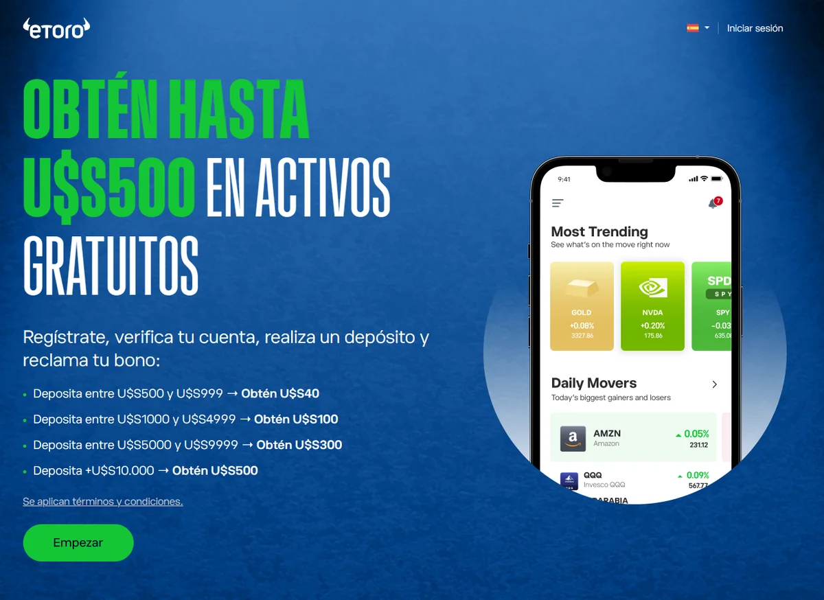 Bono por niveles eToro — hasta 500 USD en activos gratis por el primer depósito